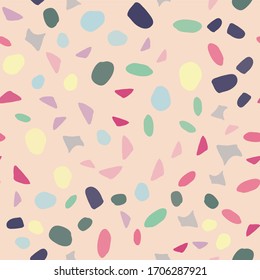 Un patrón abstracto sin fisuras con manchas rosas, verdes, amarillas y azules en un fondo beige. Textura vectorial, ilustración. Patrón.