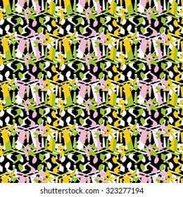Abstract seamless pattern with pink, green and yellow elements on black background