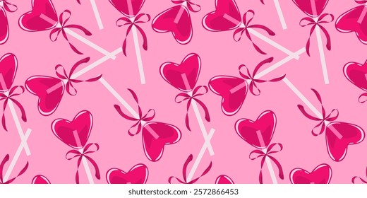 Abstract seamless pattern with pink heart shaped lollipops decorated with bows. Holiday background with hand drawn caramel candies