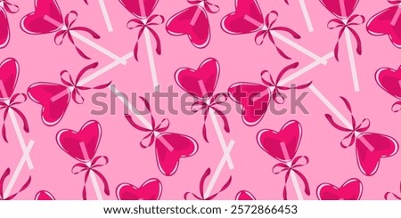 Abstract seamless pattern with pink heart shaped lollipops decorated with bows. Holiday background with hand drawn caramel candies
