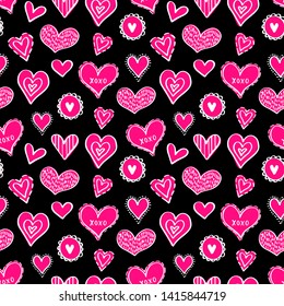 Abstract seamless pattern of pink hearts on black background. Hand-drawn doodle illustration for a poster or cover. Vector illustration. EPS 8