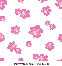 Abstract seamless pattern with pink isolated silhouettes of flowers on white background. Vector illustration.