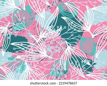 Abstract seamless pattern of pink and mint flowers and leaves. For the design of the wallpaper or fabric, vintage style. Blooming flower painting for summer. Botany and texture, background.