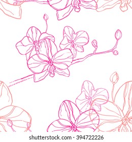 Abstract Seamless Pattern with pink orchids flower on White Background. The hand drawn ink sketch. Vector Background. Can be use for print clothes and canvas, wallpaper, greeting cards or invitations.