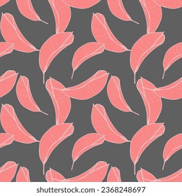 Abstract seamless pattern with pink palm branches on a gray background. Vector pattern for children's and women's textiles, wrapping paper, covers, wallpapers and backgrounds
