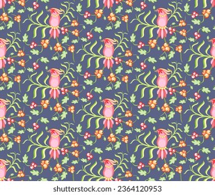 Abstract seamless pattern with pink parrot and berries