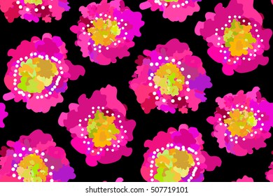 Abstract seamless pattern of pink poppies isolated on black background.