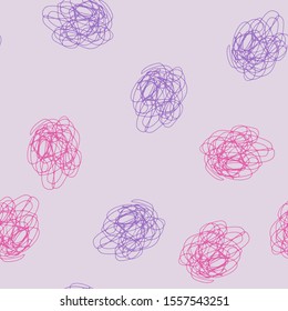 Abstract seamless pattern with pink and purple scribbled ellipses. Chaotic pattern on lilac background. Vector hand drawn texture. Illustration for wrapping paper, textile print.