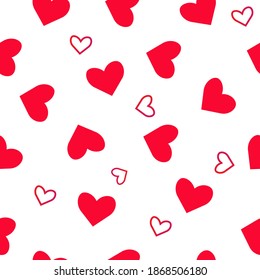 Resumen de un patrón sin fisuras con corazones rojos rosados sobre fondo blanco del día de San Valentín. Impresión vectorial universal.