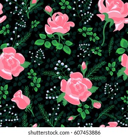 Abstract seamless pattern with pink roses.Cute flowers and leaves on the dark background.Summer floral vector illustration  for prints,book covers, textile,fabric,wrapping gift paper