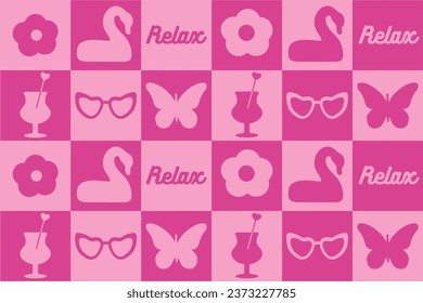 abstract, seamless pattern of pink shoe, romantic lips, glass. fashionable plaid, cute graphics in a modern style. for print,  paper, web, social media. vector art illustration. barbie style