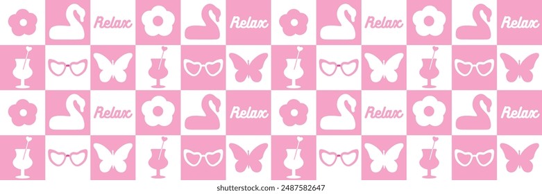 Abstraktes, nahtloses Muster aus rosa Schuh, romantischen Lippen, Glas. modische karierte, niedliche Grafiken in einem modernen Stil. Für Print, Papier, Web, Social Media. Vektorgrafik Illustration. 