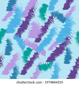 Abstract seamless pattern with pink, turquoise and green torn lines on a light blue background. For textile, wallpaper, fabric and background.