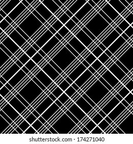 Abstract Seamless Pattern With Plaid Fabric On A Black Background.  Simple Checkered Template In Monochrome Colors. Plain Tartan Background For Decoration Or Backdrop.