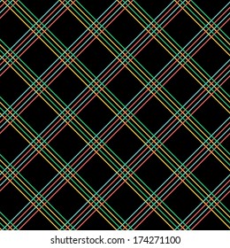 Abstract Seamless Pattern with Plaid Fabric on a black background.  Simple checkered template with vibrant colored lines. Modern tartan  background for decoration or backdrop.