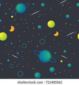 Abstract seamless pattern of planets and stars. Design for backdrops with space or universe. Figure for textiles.