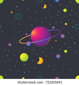 Abstract seamless pattern of planets and stars. Design for backdrops with space or universe. Figure for textiles. Illustration for poster.