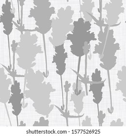 Abstract seamless pattern with plant silhouettes on a light gray background with texture. Elements of gray shades are arranged vertically, randomly. Vector for backgrounds, textile, wallpaper, tile