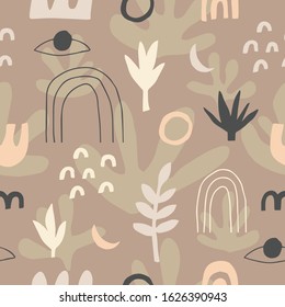 Abstract seamless pattern with plants and graphic elements. Trendy graphic design for banner, poster, card, invitation, placard or textile