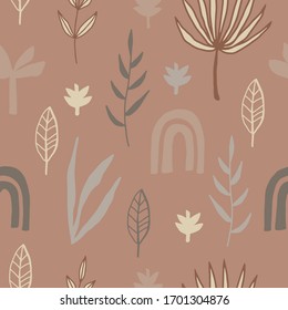 Patrón abstracto sin fisuras con plantas y elementos gráficos. Diseño gráfico de moda para carteles, carteles, tarjetas, invitaciones, carteles o textiles