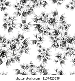 Abstract seamless pattern with plants, herbs and flowers, colorful botanical illustration.