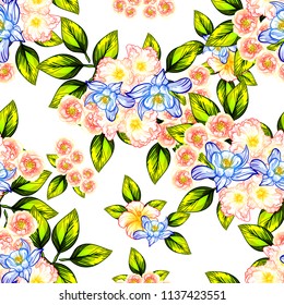 Abstract seamless pattern with plants, herbs and flowers, colorful botanical illustration.