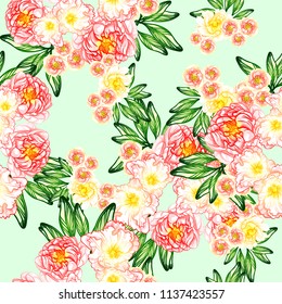 Abstract seamless pattern with plants, herbs and flowers, colorful botanical illustration.