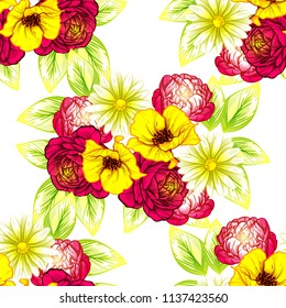 Abstract seamless pattern with plants, herbs and flowers, colorful botanical illustration.
