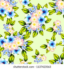 Abstract seamless pattern with plants, herbs and flowers, colorful botanical illustration.