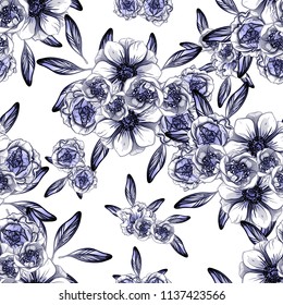 Abstract seamless pattern with plants, herbs and flowers, colorful botanical illustration.