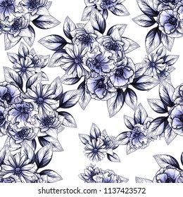 Abstract seamless pattern with plants, herbs and flowers, colorful botanical illustration.
