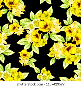 Abstract seamless pattern with plants, herbs and flowers, colorful botanical illustration.