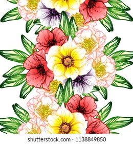 Abstract seamless pattern with plants, herbs and flowers, colorful botanical illustration.