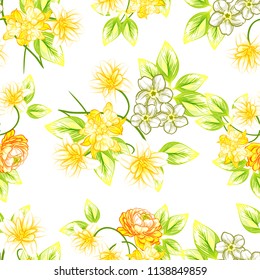 Abstract seamless pattern with plants, herbs and flowers, colorful botanical illustration.