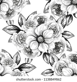 Abstract seamless pattern with plants, herbs and flowers, colorful botanical illustration.