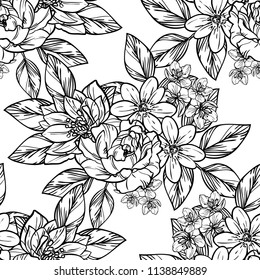 Abstract seamless pattern with plants, herbs and flowers, colorful botanical illustration.