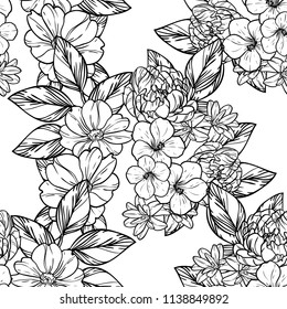 Abstract seamless pattern with plants, herbs and flowers, colorful botanical illustration.
