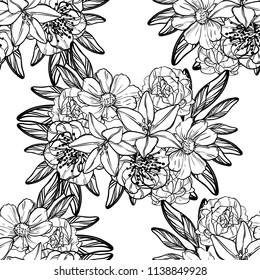 Abstract seamless pattern with plants, herbs and flowers, colorful botanical illustration.