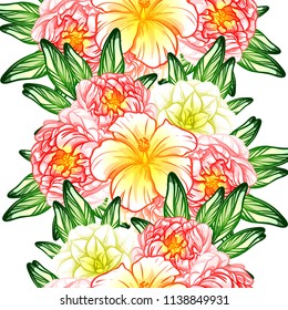 Abstract seamless pattern with plants, herbs and flowers, colorful botanical illustration.