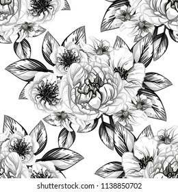 Abstract seamless pattern with plants, herbs and flowers, colorful botanical illustration.
