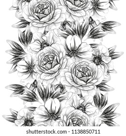 Abstract seamless pattern with plants, herbs and flowers, colorful botanical illustration.
