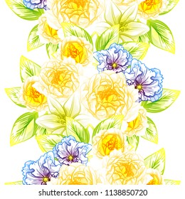 Abstract seamless pattern with plants, herbs and flowers, colorful botanical illustration.
