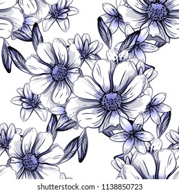 Abstract seamless pattern with plants, herbs and flowers, colorful botanical illustration.
