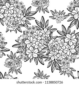 Abstract seamless pattern with plants, herbs and flowers, colorful botanical illustration.
