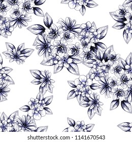 Abstract seamless pattern with plants, herbs and flowers, colorful botanical illustration.
