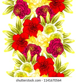 Abstract seamless pattern with plants, herbs and flowers, colorful botanical illustration.
