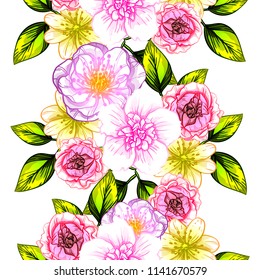 Abstract seamless pattern with plants, herbs and flowers, colorful botanical illustration.
