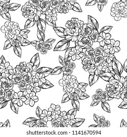 Abstract seamless pattern with plants, herbs and flowers, colorful botanical illustration.
