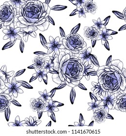 Abstract seamless pattern with plants, herbs and flowers, colorful botanical illustration.
