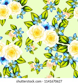 Abstract seamless pattern with plants, herbs and flowers, colorful botanical illustration.
